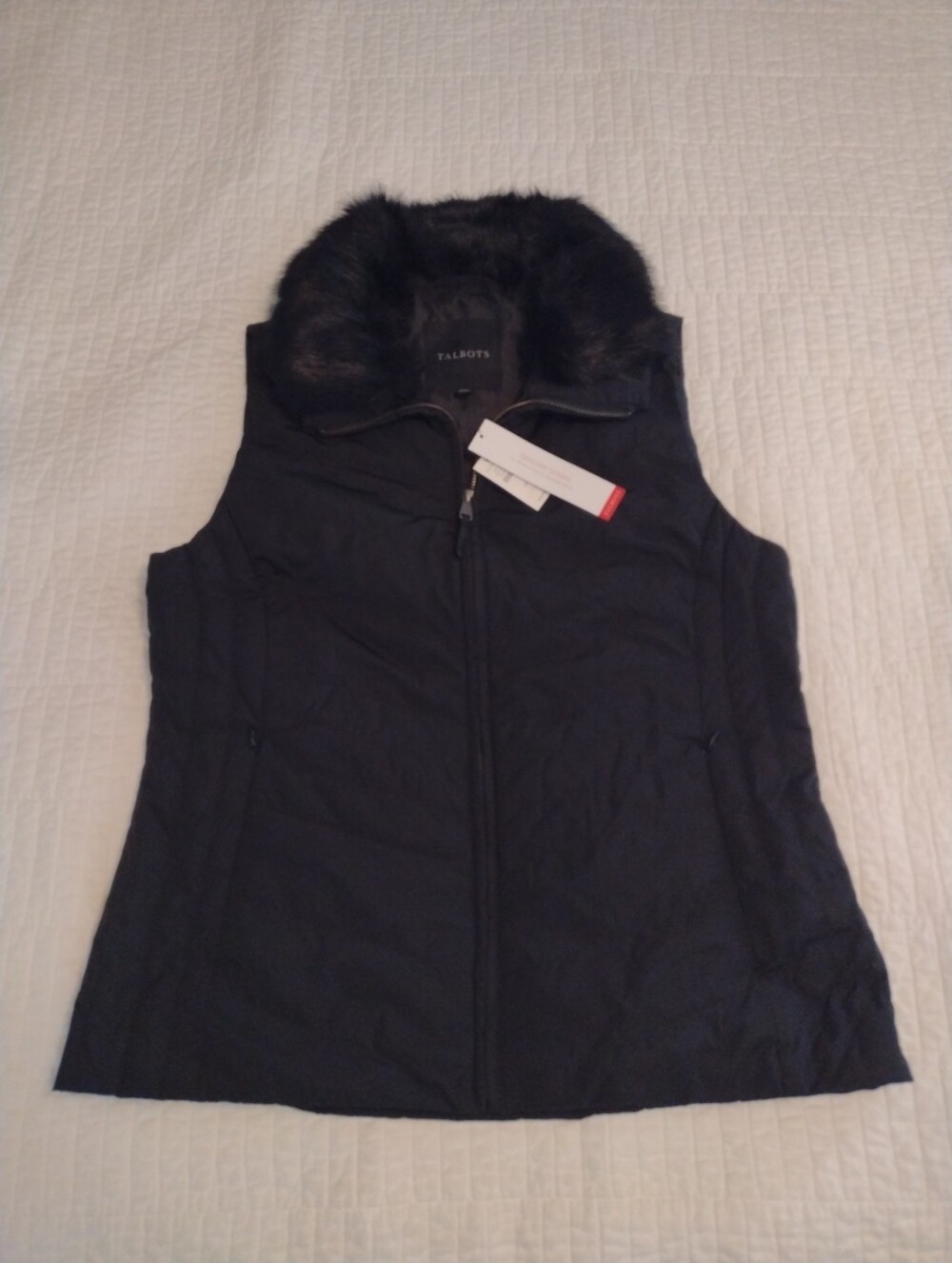 New Talbots Down Vest Women's Med Removable Faux Fur Collar Puffer Black NWT